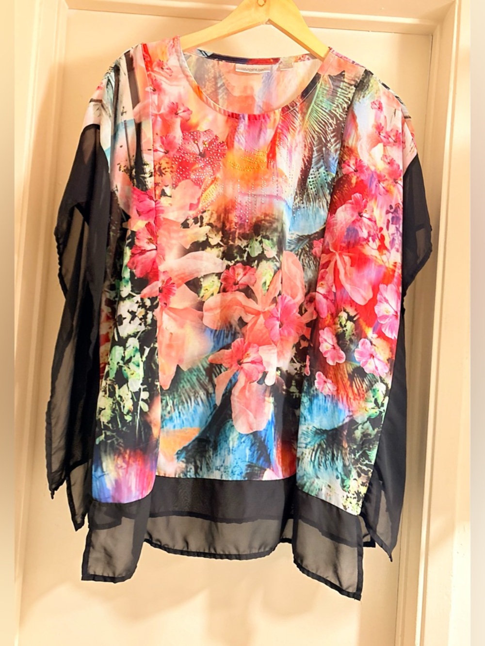 Avenue Multicolor Floral Chiffon Tunic with Black Sheer Sleeves